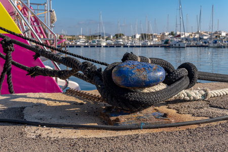 Close-up of a metal mooring in the marina of Portocolom, island of Mallorca, Spain