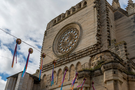 Main facade of the parish church in the Majorcan town of Manacor, Spainの写真素材
