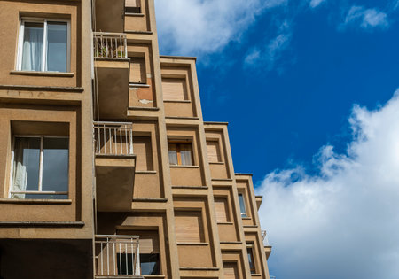 Facade of apartments on a sunny morning. Majorca Island, Spainの写真素材