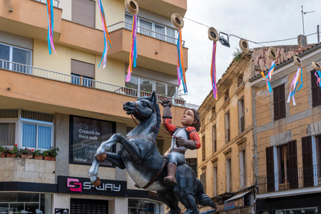 Manacor, Spain; April 30 2023: Manacor Encantat urban festival with large sculptures in the street of characters from folk tales or Rondalles. Manacor, Majorca island, Spainのeditorial素材