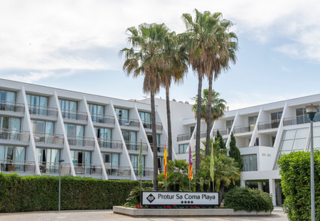 Sa Coma, Spain; June 03 2023: Main facade of the hotel Protur Sa Coma Playa in the Majorcan tourist resort of Sa Coma, Spainのeditorial素材