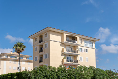 Sa Coma, Spain; June 03 2023: Facade of tourist apartments in the Mallorcan tourist resort of Sa Coma, Spainのeditorial素材