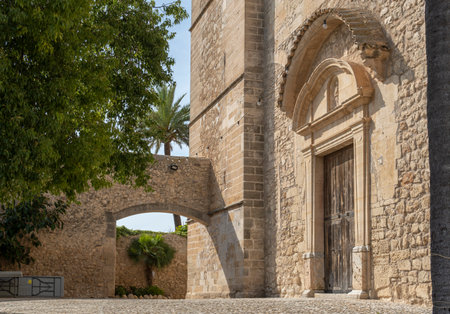 Main facade of the catholic parish church in the Majorcan town of Montuiri, Spainの写真素材