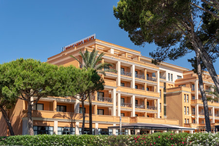 Cala Millor, Spain; June 17 2023: Main facade of the Hipotels Hipocampo Palace hotel in the Majorcan tourist resort of Cala Millor, Spainのeditorial素材