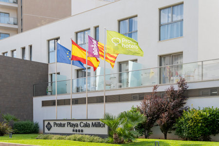 Cala Millor, Spain; June 18 2023: Main facade of the hotel Protur Playa Cala Millor in the Majorcan tourist resort of Cala Millor, Spainのeditorial素材