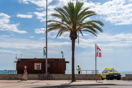 Cala Millor, Spain; June 16 2023: General view of a beach lifeguard tower. 112 SOS. Island of Majorca, Spainのeditorial素材