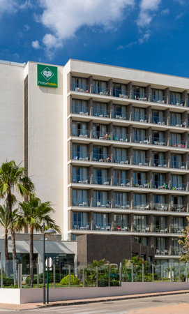 Cala Millor, Spain; June 18 2023: Main facade of the hotel Protur Playa Cala Millor in the Majorcan tourist resort of Cala Millor, Spainのeditorial素材