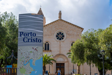 Portocristo, Spain; July 01 2023: Parish church in the Majorcan town of Portocristo on a summer afternoon. Island of Majorca, Spainのeditorial素材