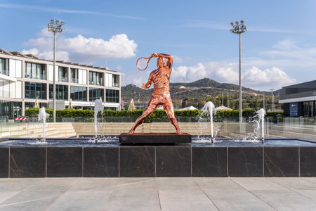 Manacor, Spain; July 01 2023: Metal sculpture of the Spanish tennis player Rafael Nadal at the Rafa Nadal international sports center. Manacor, island of Majorca, Spainのeditorial素材
