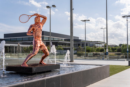 Manacor, Spain; July 01 2023: Metal sculpture of the Spanish tennis player Rafael Nadal at the Rafa Nadal international sports center. Manacor, island of Majorca, Spainのeditorial素材