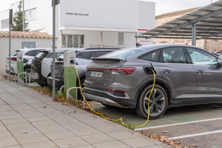 Manacor, Spain; July 21 2023: Public charging point for electric cars in the Mallorcan town of Manacor, Spainのeditorial素材