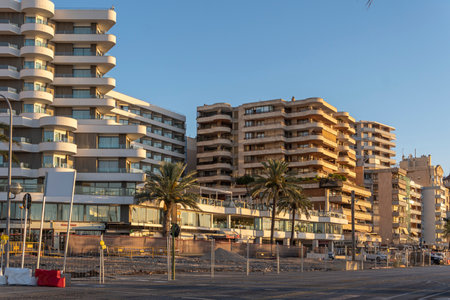Palma de Mallorca, Spain; august 06 2023: Facade of luxury apartment buildings on the promenade of Palma de Mallorca at sunrise, Spainのeditorial素材