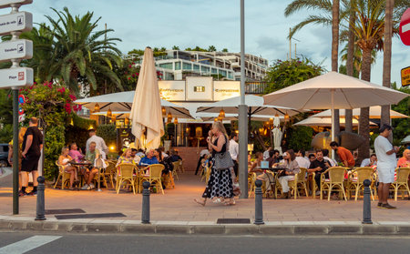 Palma de Mallorca, Spain; September 01 2023: General view of the marina in the tourist resort of Puerto Portals, island of Mallorca, Spain. Terrace with clients of the famous Cappuccino restaurantのeditorial素材