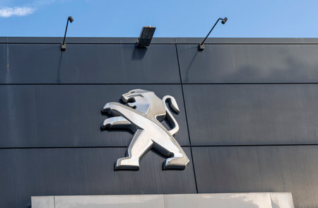 Palma de Mallorca, Spain; September 11 2023: Main facade of a Peugeot international car dealership. Palma de Mallorca, Spainのeditorial素材