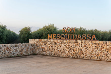 Felanitx, Spain; October 09 2023: Facade of the olive mill and olive grove of Son Mesquida in the interior of the island of Mallorca at sunrise. Spainのeditorial素材