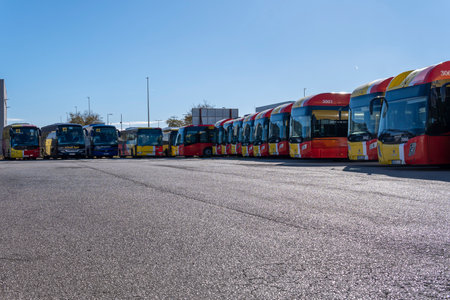 Felanitx, Spain; December 06 2023: Buses of the public company TIB, transport of the Balearic Islands, parked in an industrial park on a sunny morning. Felanitx, island of Majorca, Spainのeditorial素材
