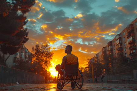 Portrait of a young man in a wheelchair playing basketball on an urban court at sunsetの素材