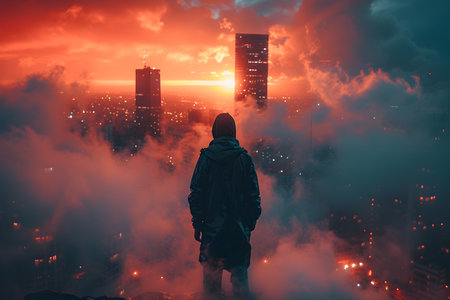 Silhouette of a man in a big city at nightfallの素材