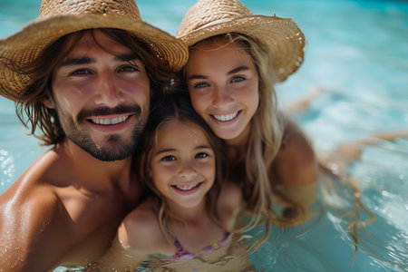Family enjoying a swim at a paradisiacal beach in summer. summer vacationの素材