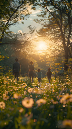 Family strolling through a spring forest on a sunny day. Image of free time with the familyの素材