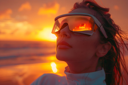Woman in white sportswear and sunglasses, enjoying a sunset on the shore of a beachの素材
