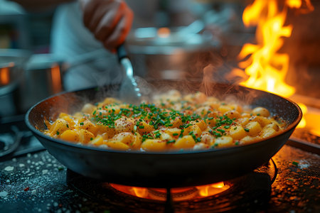 Cook preparing a Spanish potato omelet inside a restaurantの素材