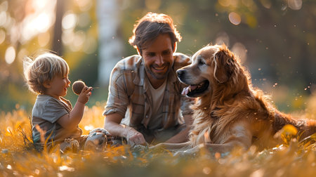 Father and son enjoying an afternoon in the park playing with their dogの素材