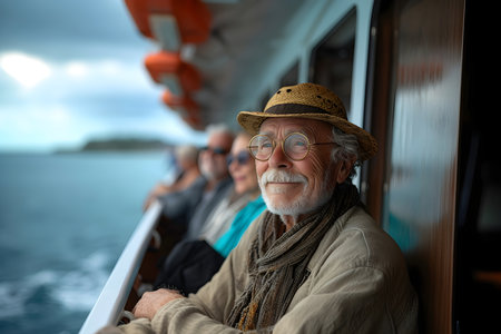 Portrait of a retired man enjoying a cruise vacation at seaの素材