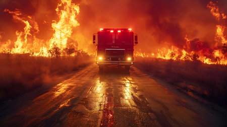 Fire truck driving on a road where there is a large fireの素材