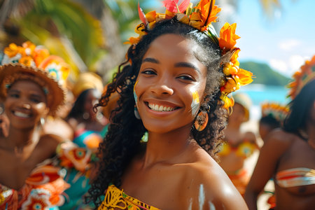 Young mulatto girl enjoying a Pacific Islander folk festivalの素材