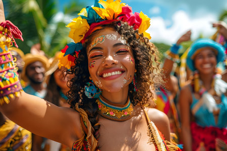 Young mulatto girl enjoying a Pacific Islander folk festivalの素材