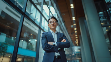 Successful Chinese businessman surrounded by skyscrapers in an enterprise zone, looking at the skylineの素材
