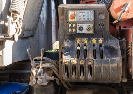 Felanitx, Spain; january 27 2024: Close-up of a gearbox of an industrial construction crane truckのeditorial素材