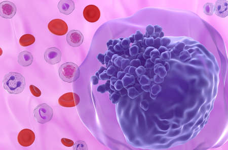 Acute myeloid leukemia (AML) cell in blood flow - super closeup view 3d illustrationの写真素材