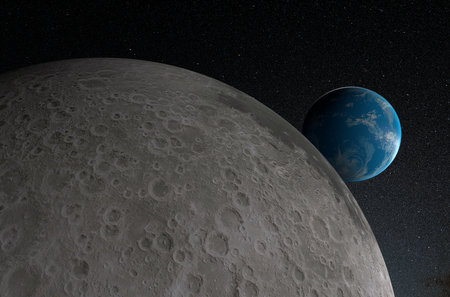 Earth view from Moon in the solar system - 3d illustration, closeup viewの写真素材