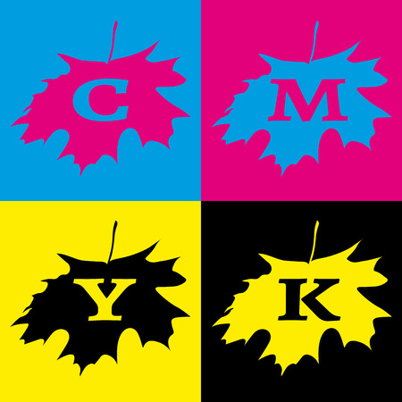 The simple square logo in CMYK colors with the shape of maple leafのイラスト素材