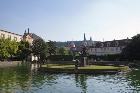 The Pond of Wallenstein Garden in Lesser Town of Prague at the eveningの写真素材