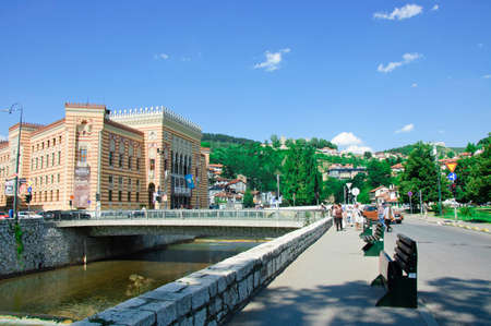 Sarajevo, Bosnia and Herzegovina - 12 July 2017 : The Town Hall of Sarajevo (Vijecnica) and Miljacka riverのeditorial素材
