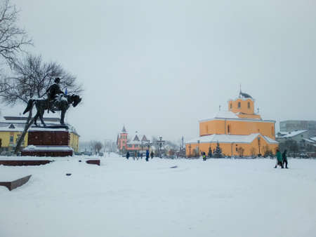 Halych, Ukraine - 20 March 2018: The downtown of Halych, Nativity Church and knyaz Danylo Halitsky...