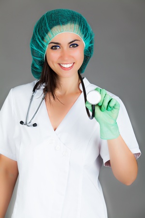 doctor woman on grey backgroundの写真素材