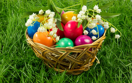 easter eggs in busket on green gras isolated concept holyday