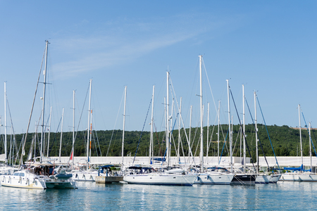 mast against a blue sky, ship mast, marina in European city, the Adriatic seaの写真素材