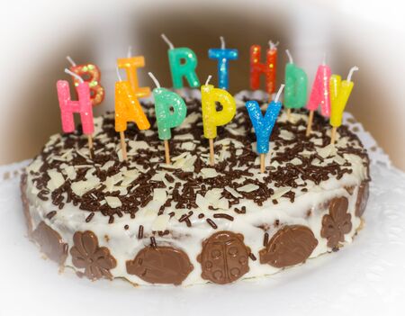 birthday cake with candles. Happy Birthdayの写真素材