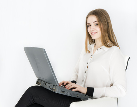 business woman laptop on white backgroundの写真素材