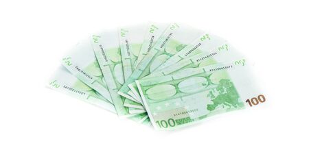 one hundred euro bills isolated on white background. banknotes cashの写真素材