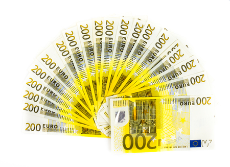 two hundred euro bills isolated on white background. banknotes cashの写真素材