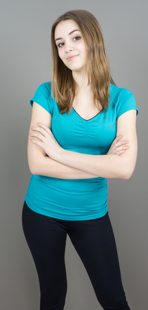beautiful girl on grey background peopleの写真素材