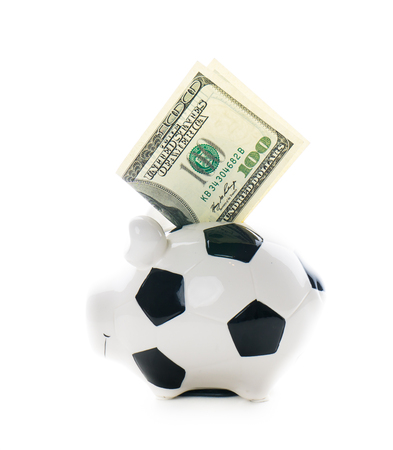 one hundred US dollars in Piggybank isolated on white background. bucksの写真素材