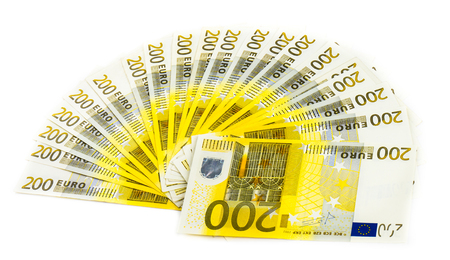 two hundred euro bills isolated on white background. banknotes cashの写真素材