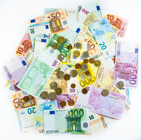 euro banknote and coins money finance concept cash on white background. billsの写真素材